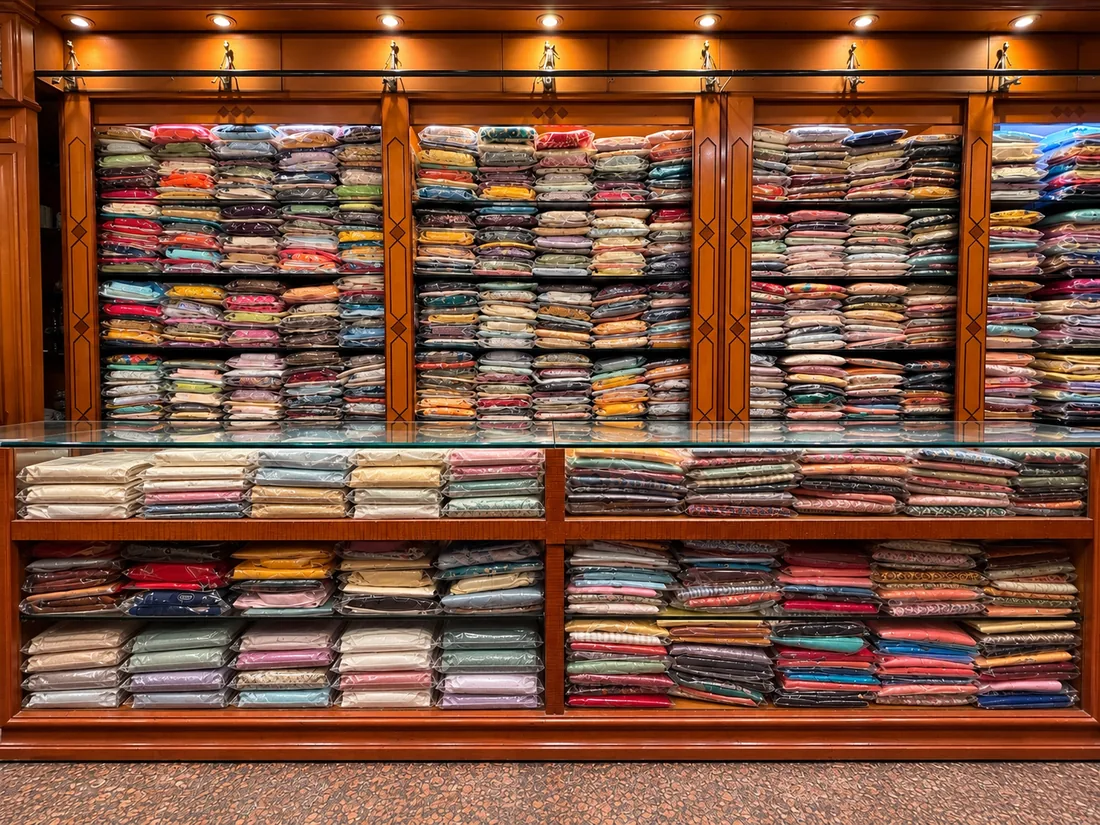 Teak shelves and a glass counter filled with packed kurta sets in every colour